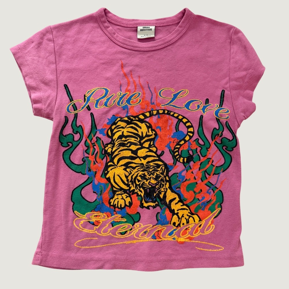 Urban Outfitters Womens Graphic Baby Tee Pink Pure Love Eternal Tiger Small
